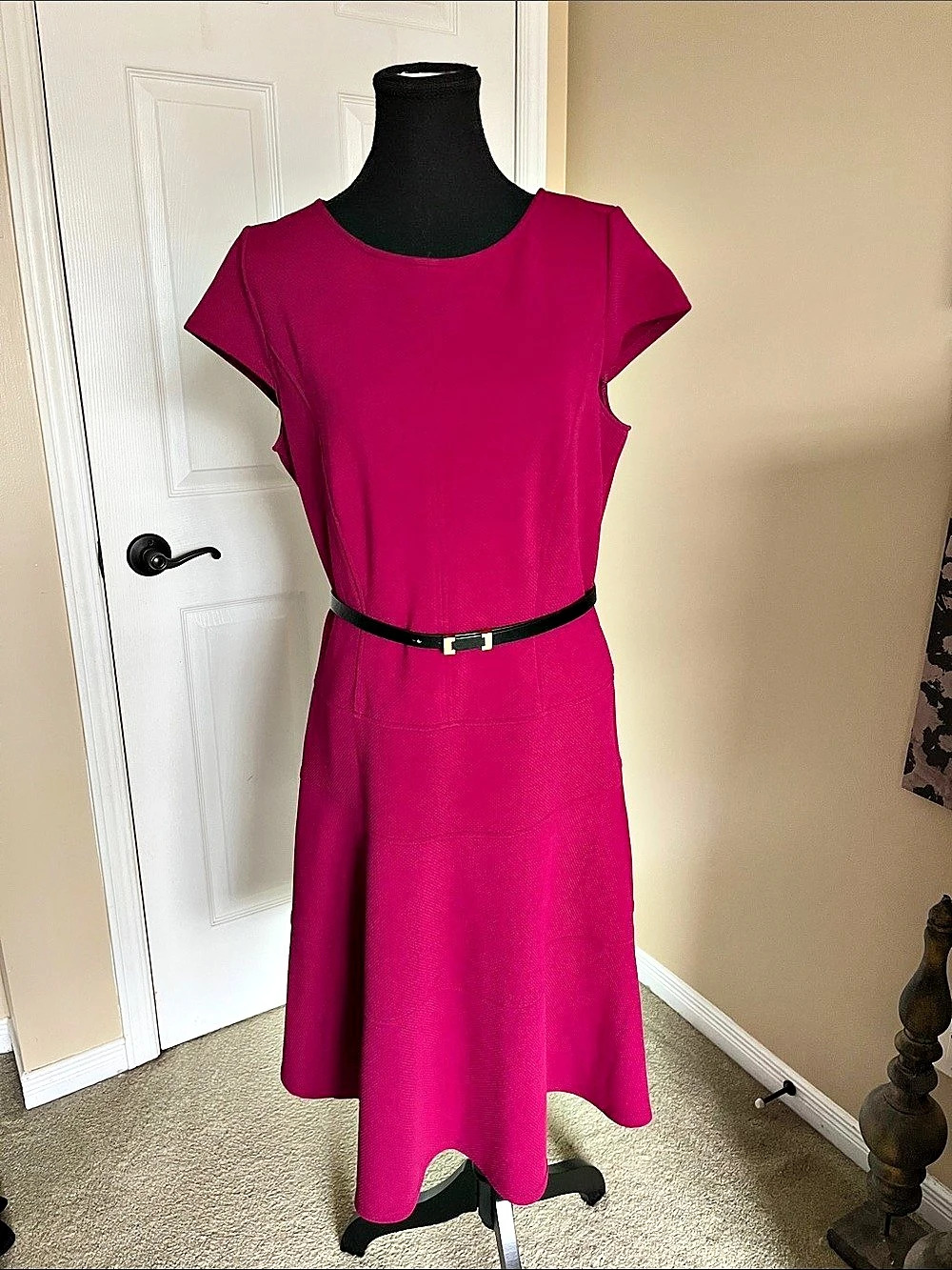 Sharagano Radpberry Pink Belted Midi Dress Size 10 Like New